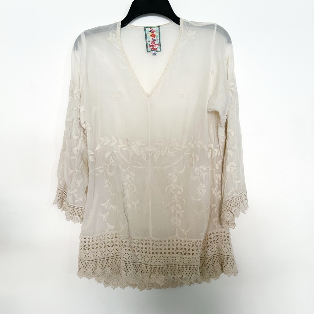 Johnny Was Cream Ivory Long Sleeve Shirt Boho Tunic Blouse Floral Lace Shirt - Picture 3 of 8